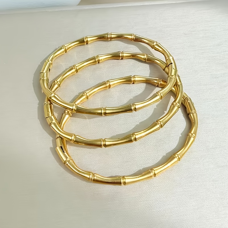 3pc Bamboo Joint Golden Bangle Set, 18K Plated